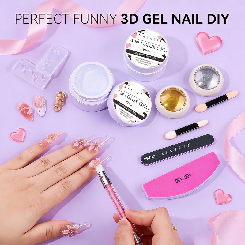 3D Gel Nail Art Starter Kit - Clear & White Sculpting Gel with Chrome Powder | Non-Sticky Molding & Carving Glue