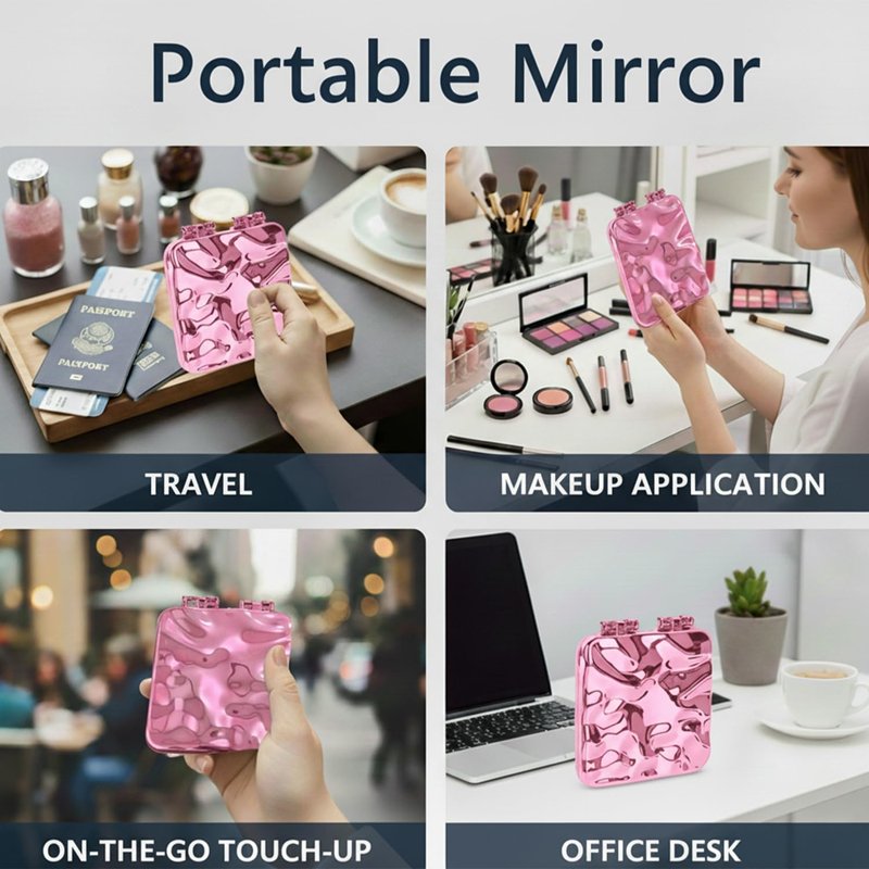 Irregular Shape Compact Mirror, Double-Sided Portable Folding Makeup Mirror with Electroplated Finish, Pocket-Sized Handheld Vanity Mirror for Travel and Quick Touch Ups, Pink