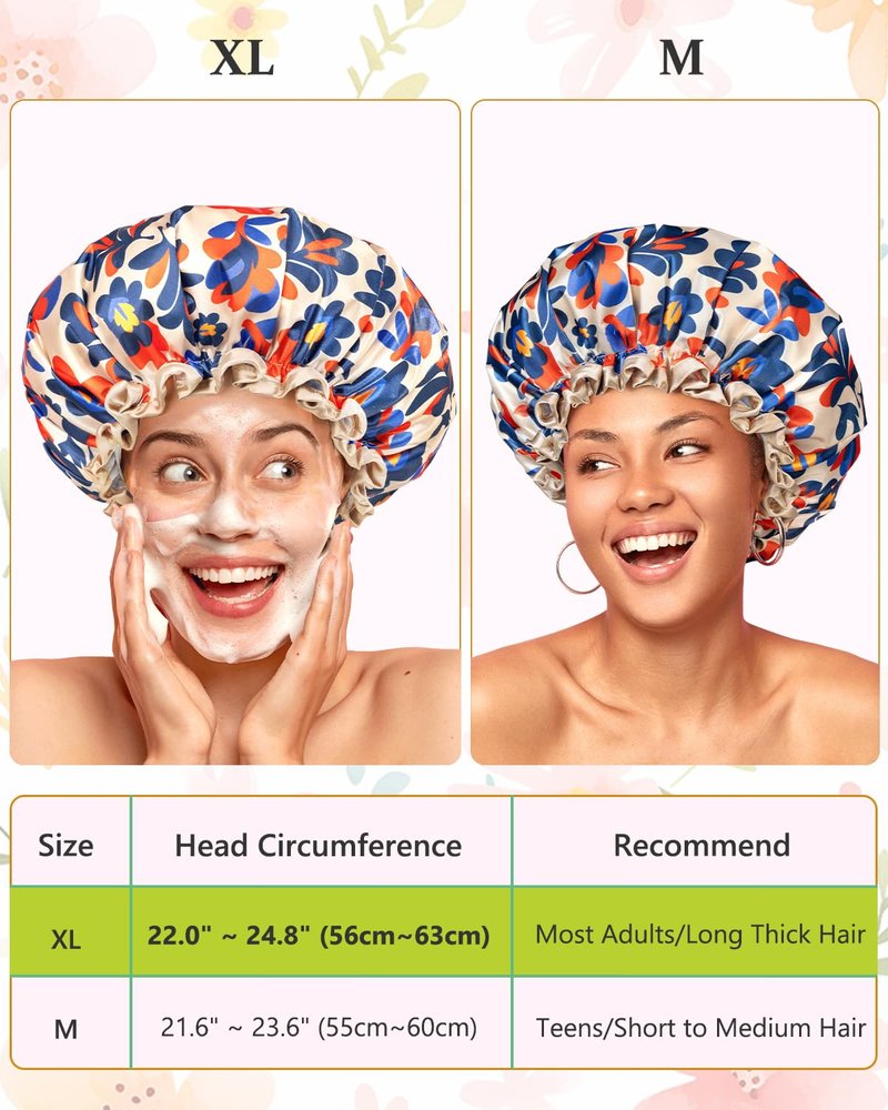 mikimini Reusable Showe Cap for Women Waterproof, Large Shower Caps with Elastic Band & Double Layers - Adjustable Shower Bonnet for Long Hair, Braids, Bold Abstract Print Hair Cap