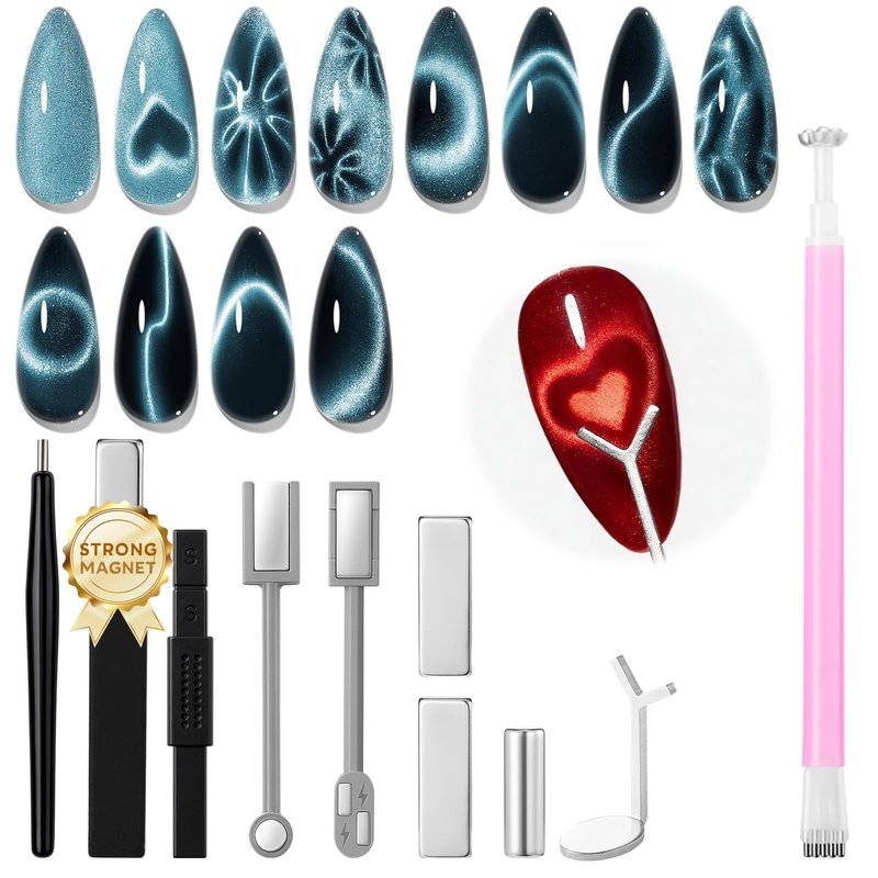 modelones Cat Eye Magnet Set, Heart Nail Art Tool Strong Magnetic Pen Double Head Round Magnets Stick Wand Diverse French Moon Floral Circle Cateye Effect DIY Professional Manicure Gift for Women