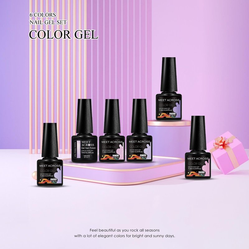 MEET ACROSS Gel Nail Polish Set 6 Colors Purple Glitter Gel Nail Polish Neutral Pearl Pink Shimmer Mermaid Nail Drawing Soak Off LED Art Kit Salon DIY Gift for Women
