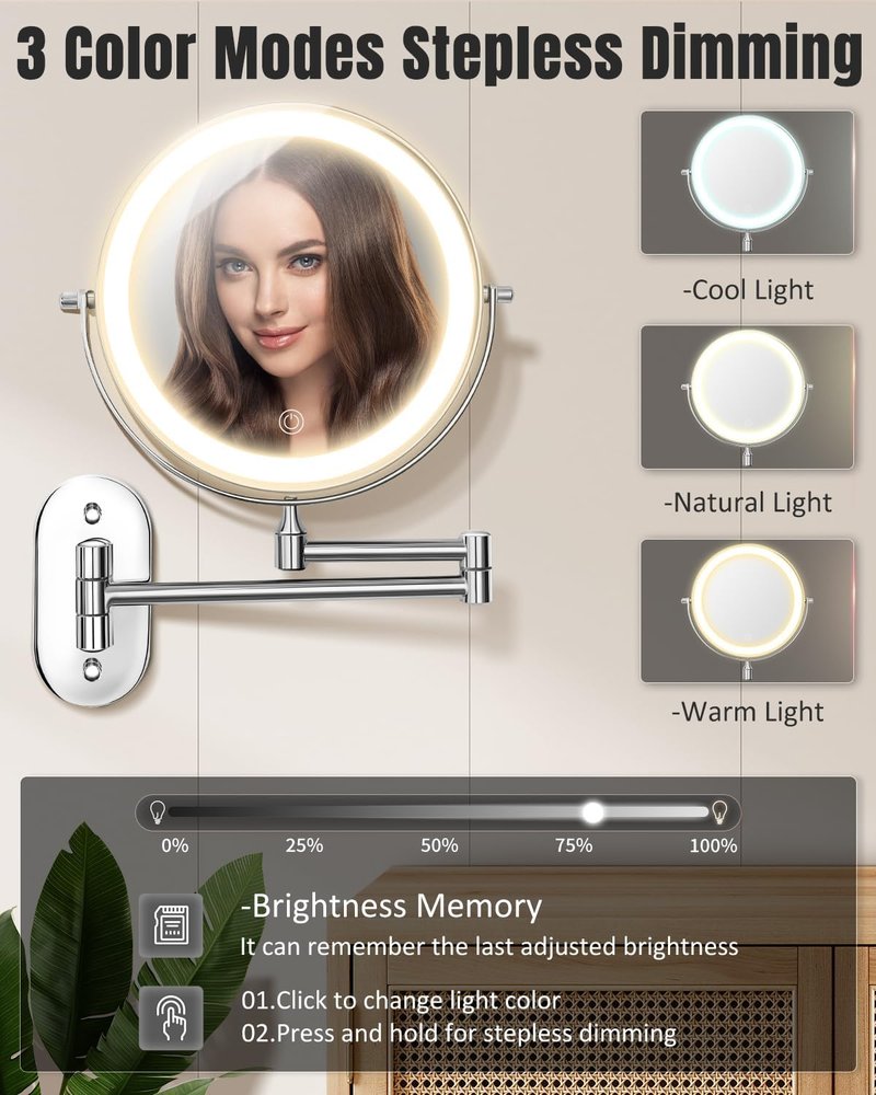 Skiennix 30X/1X Wall Mounted Makeup Mirror - 8'' Double-Sided, Rechargeable, Touch Dimmable, 360° Rotation