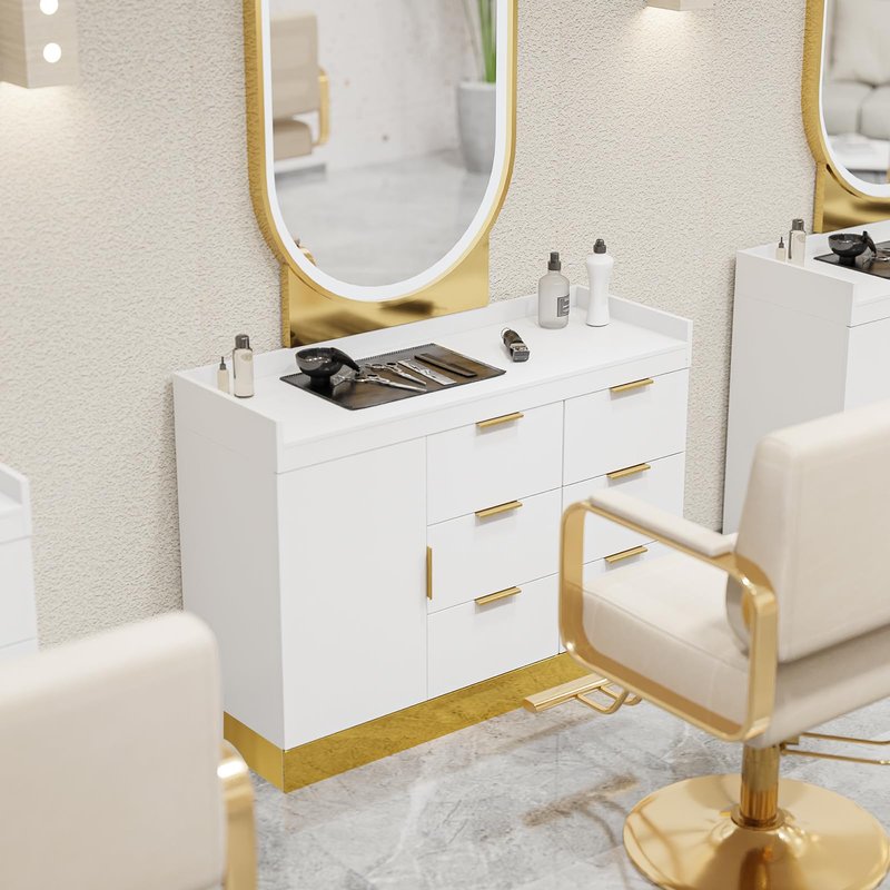 OmySalon Salon Station for Stylists, Free Standing Barber Vanity with 6 Drawers, 1 Cabinet & Adjustable Shelves, Large Storage Hair Beauty Furniture for Barbershop, White Gold