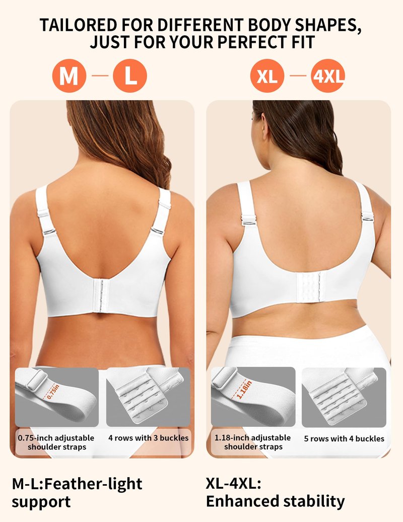 PoseFree Wireless Bras for Women Full Coverage Bra Full Support and Lift No Underwire Back Smoothing Bralette Everyday Bra (White,XL)