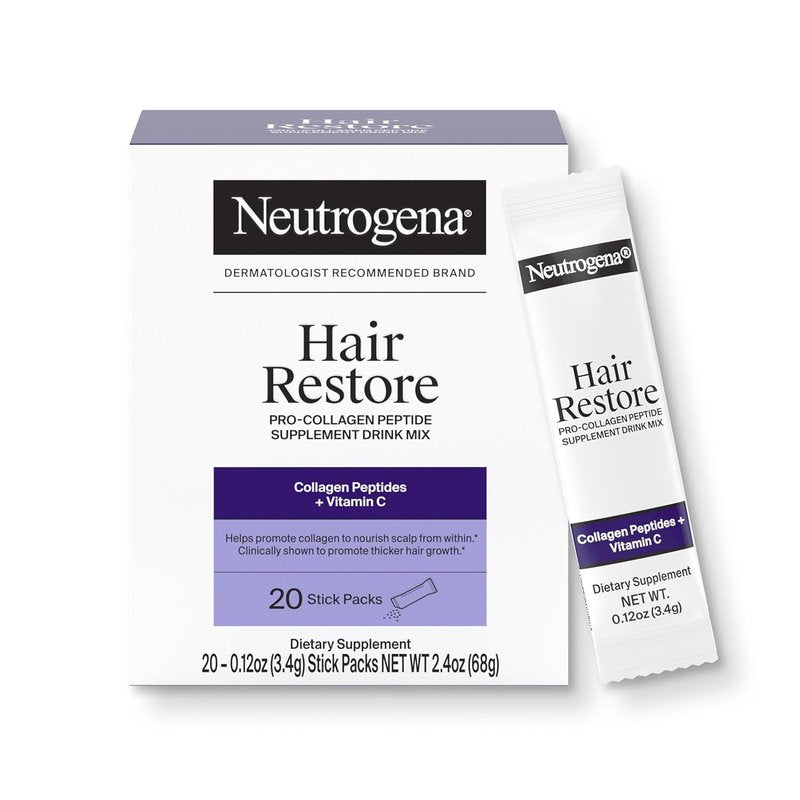 Neutrogena Hair Restore Pro-Collagen Peptide Supplement - Vitamin C Powder Drink Mix for Thicker Hair | 20 Stick Packs