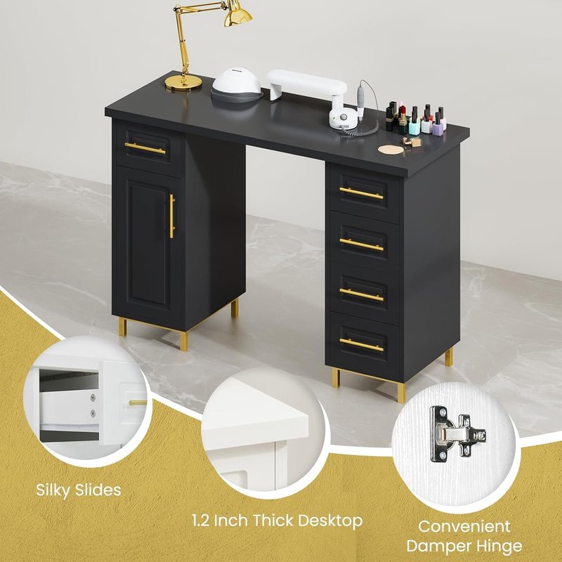 Black and Gold Nail Tech Desk - 43 Inch Manicure Table with 5 Drawers & Storage for Beauty Salons | Wooden Salon Spa Furniture
