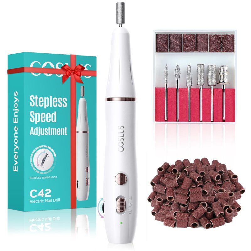 Cordless Electric Nail Drill File: COSLUS Nail Drill Machine with Stepless Speed Knob for Acrylic Gel Dip Powder Polish, Professional Portable Manicure Pedicure Kit Rechargeable for Home Salon Use