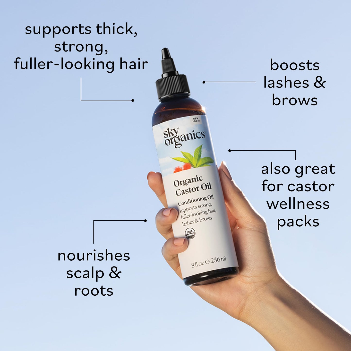 Sky Organics - Castor Oil Organic - Volumizing Hair Oil - Scalp, Lashes, Brows - Pure Castor Oil Cold Pressed - Natural Conditioner - Omega Fatty Acids, Vegan - Beauty, Hair Care, & Self Care - 8oz