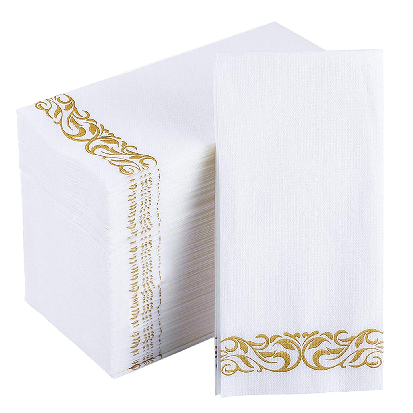 JOLLY CHEF 100 Disposable Hand Towels, Soft and Absorbent Linen Feel Dinner Napkin, Elegant Decorative Paper Guest Towels for Kitchen, Bathroom,Thanksgiving, Weddings,Parties, Gold and White