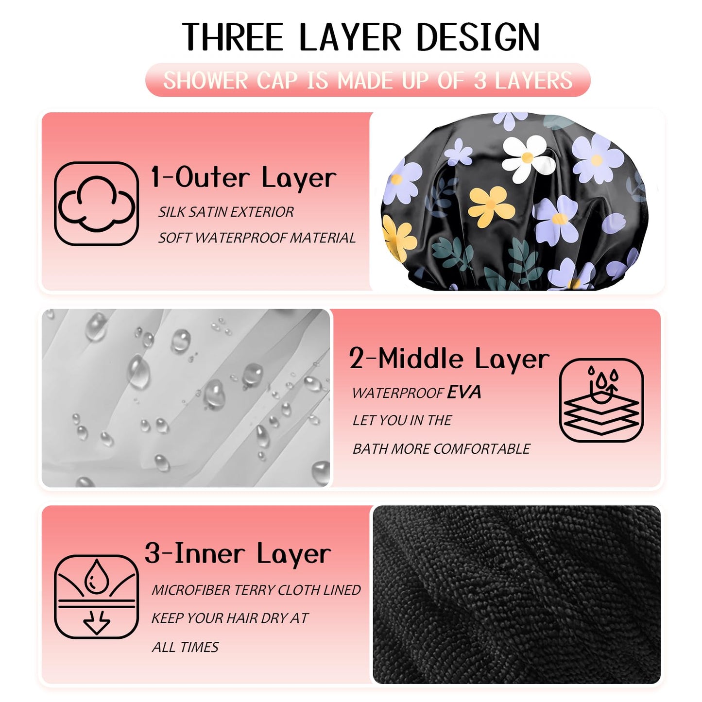 Zewurtuw Luxury Shower Cap Terry Cloth Lined EVA Waterproof Reusable Triple Layer Elastic Hair Bath Caps for Women Girls Cute-Purple Flower