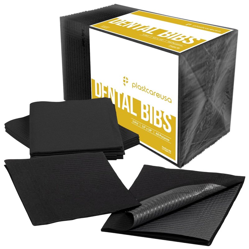 PlastCare USA Disposable Dental Bibs - 3 Ply Waterproof Tattoo Bib Sheet | 13"x18" Black for Dental & Medical Use