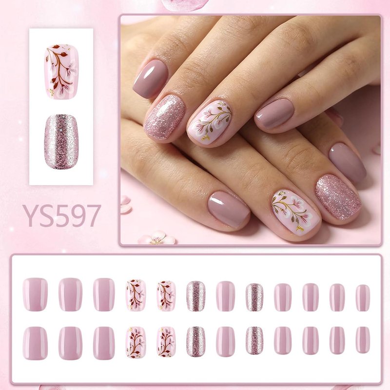 Skiennix Acrylic Press-On Nails - Cute Purple Glitter Flower Bud Design | 24 Pcs Full Cover Set