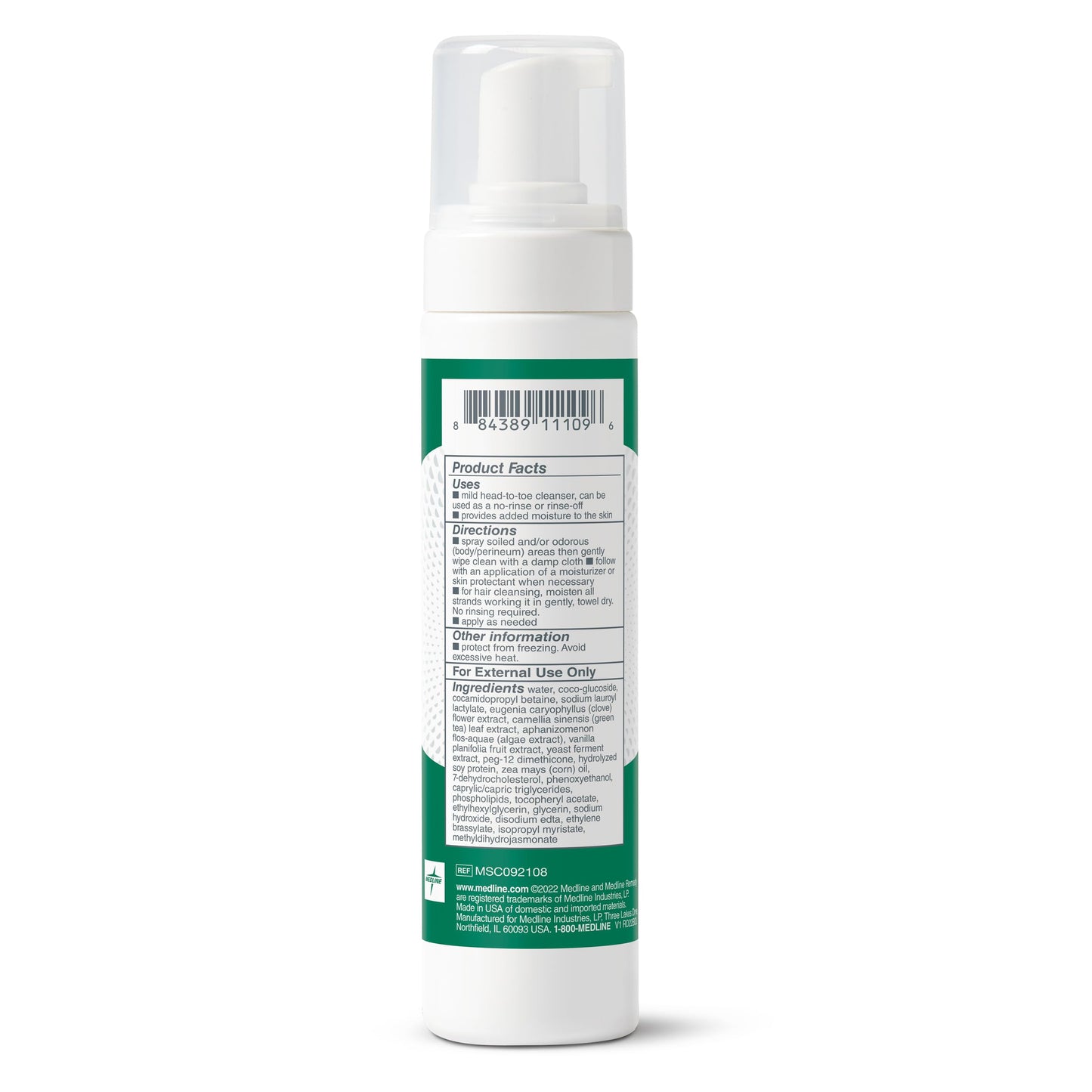 Medline Remedy Clinical No-Rinse Foam Cleanser, Vanilla Scent (8 fl oz), No Rinse Shampoo and Body Cleanser for Sensitive Skin, Hydrating, Paraben and Sulfate Free, For Face, Body, and Hair, All Ages
