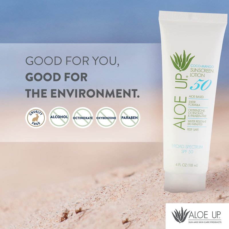 Aloe Up White Collection SPF 50 | Sunscreen Lotion for Face & Body with Aloe Vera Gel | Water Resistant up to 80 Minutes | Reef Friendly, Non Greasy, Fast Absorbing | Coco Mango Fragrance 4 Oz