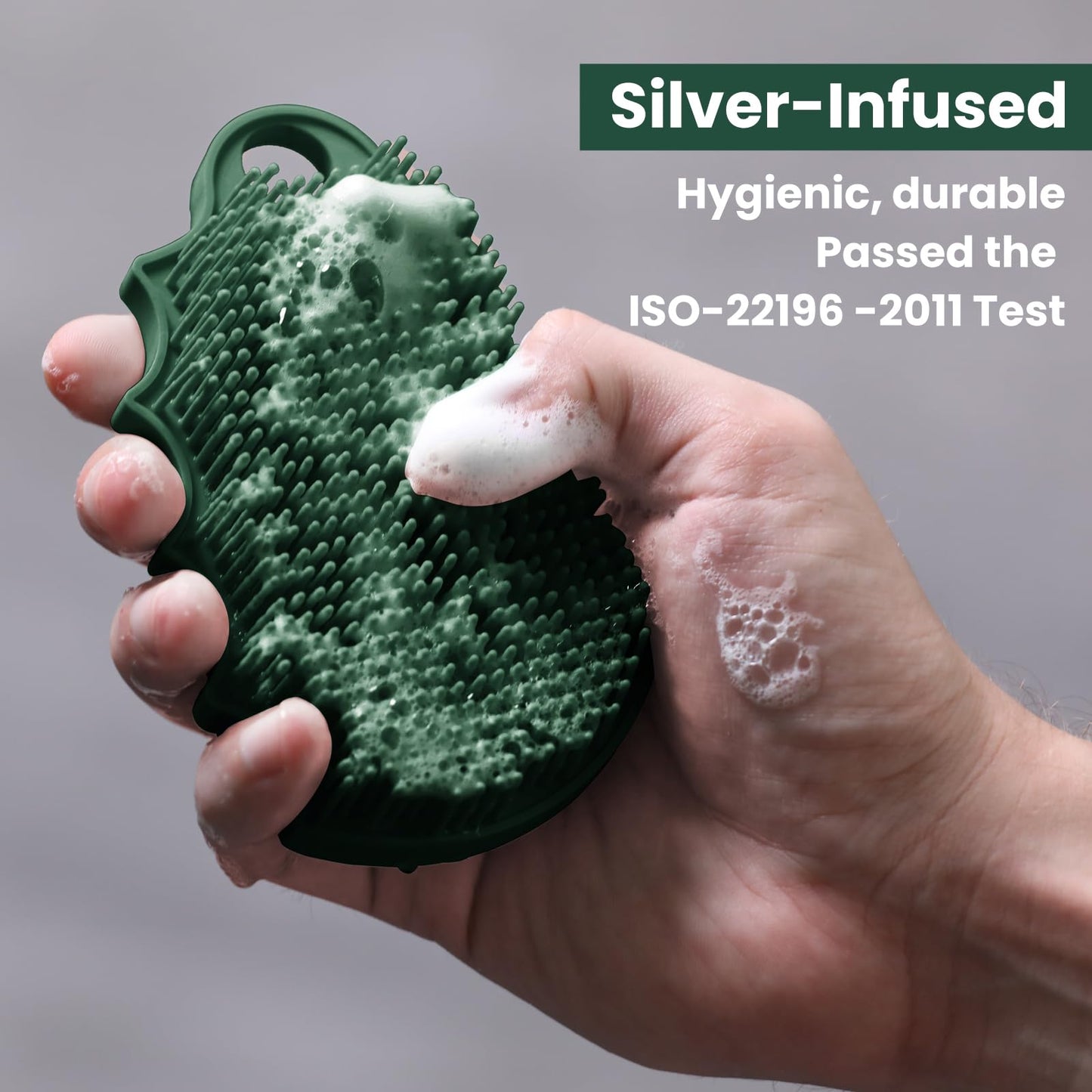 iTokGok Silicone Body Scrubber Silver-Infused Dual-Sided 3-in-1 for Shower, Body Cleaning+Massage+Exfoliator Body Brush Buffer for Men and Women, Silicone Loofah, Non-Slip Handle (Midnight Green)