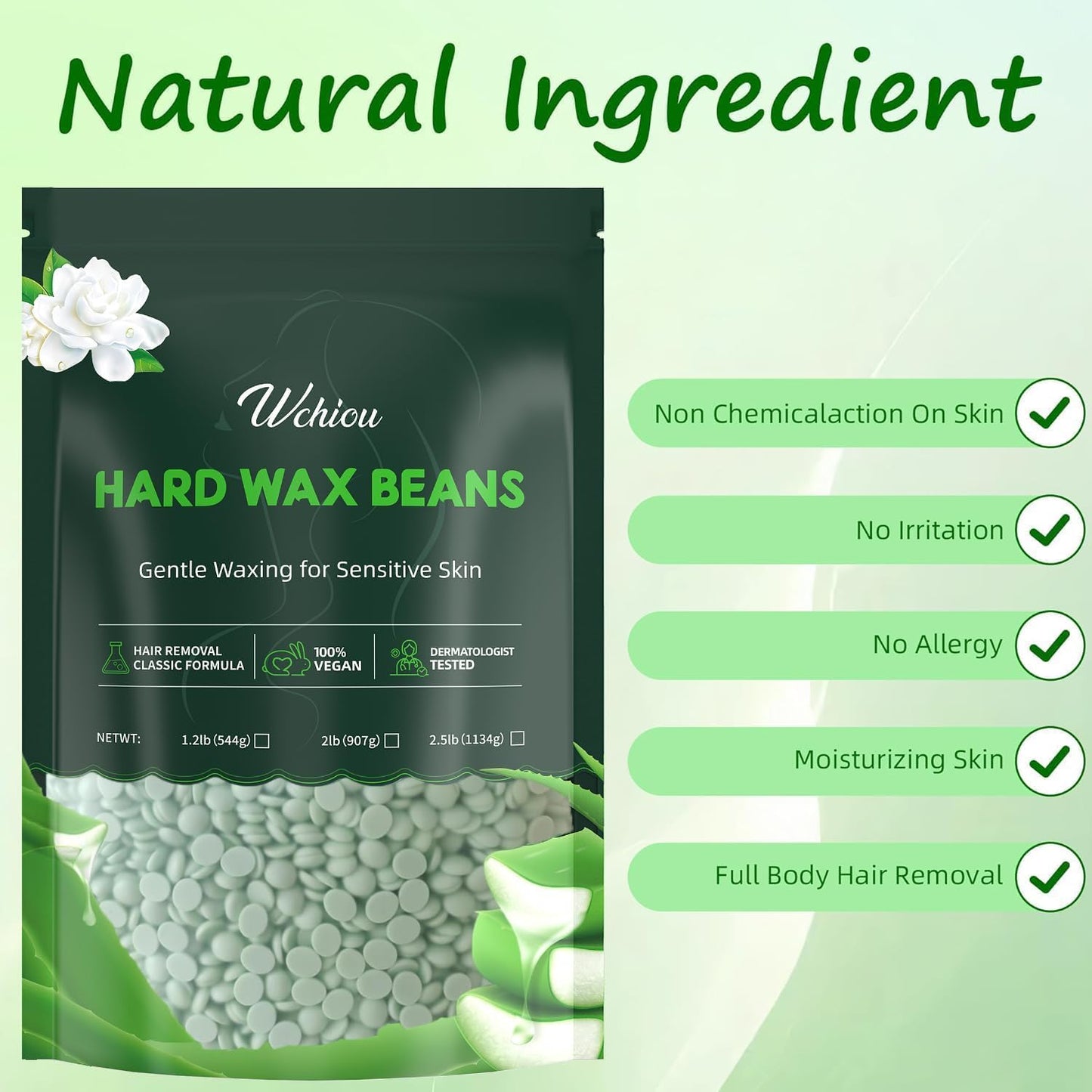 Wchiou Hair Removal Wax, 2lb Wax Beads for Sensitive Skin, With Pure Aloe Vera, For Face, Eyebrow, Leg, Bikini, Brazilian Waxing, Coarse Body Hair Specific