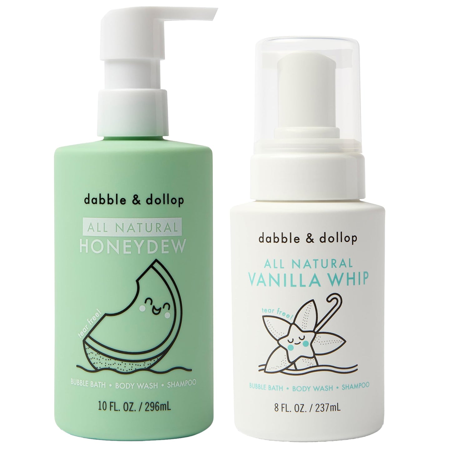 Dabble & Dollop Honeydew + Vanilla Kids 3-in-1 Body Wash, Shampoo & Bubble Bath Bundle – Gel + Foam Whip Set, Tear-Free, Gentle, Natural-Origin, Hypoallergenic and Safe for Sensitive Skin (Pack of 2)