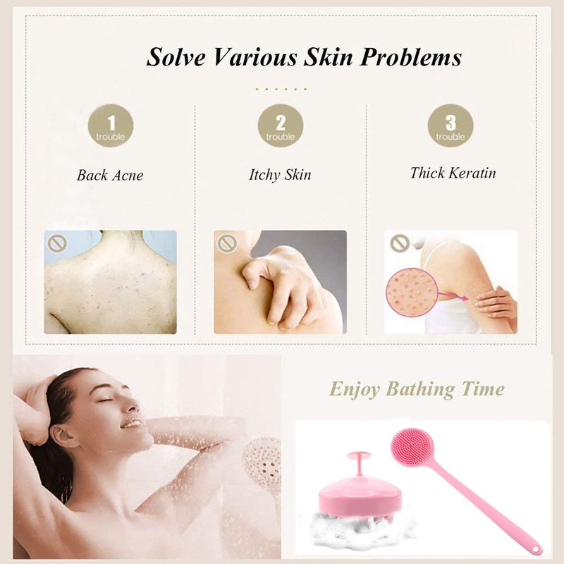 Cinlitek Silicone Body Scrubber & Scalp Massager, Long Handle Shower Brush, Exfoliating Scrubber for Men, Women & Kids