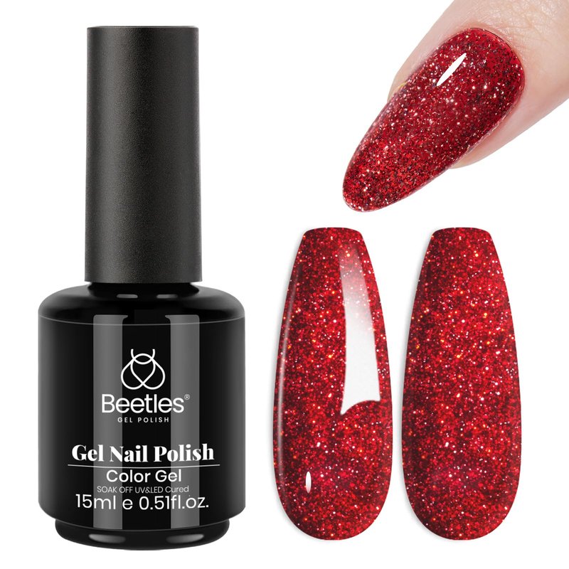 Beetles Red Glitter Gel Nail Polish - Wine Red Shimmer Gel Polish 1Pcs 0.5Oz 15ml Soak Off UV LED Long Lasting Glossy Manicure for Nail Art and DIY