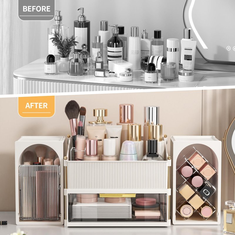 CVGETME Makeup Organizer for Vanity with Brush Holder, Large Bathroom Countertop Cosmetic Organizer Skin Care Storage, Easy to Store Lipsticks, Nail Polishes, Perfumes (White+Transparent)