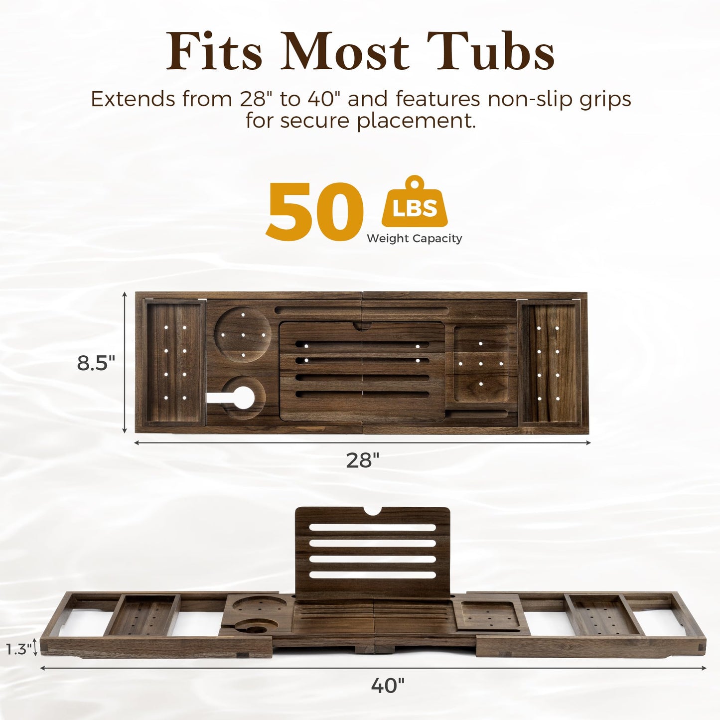 Teak Bathtub Tray, Expandable Bath Tray for Tub 28–40in, Foldable Bath Caddy with Wine Holder, Phone & Tablet Stand, Wooden Bathtub Organizer, Luxury Spa Bathroom Accessories Gift - Dark Walnut Finish