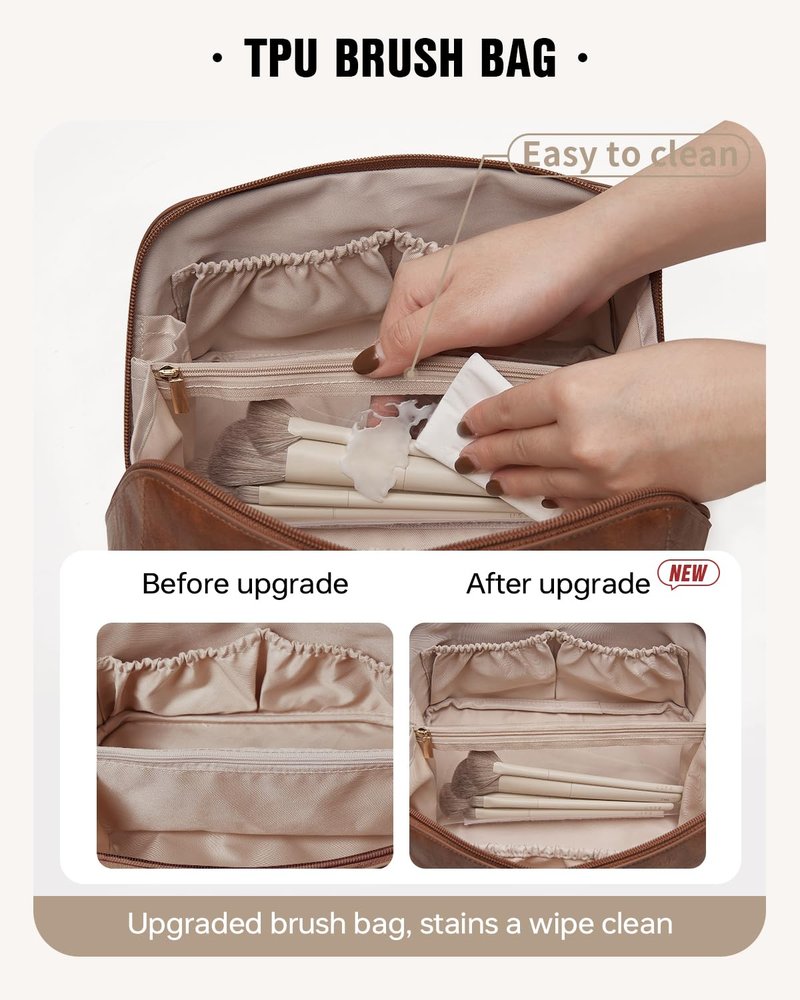 EACHY Travel Makeup Bag, Large Capacity Cosmetic Bags for Women, Waterproof Portable Open Flat Toiletry Bag Make up Bag with Divider and Handle, Gifts for Women (I-Brown, Medium)