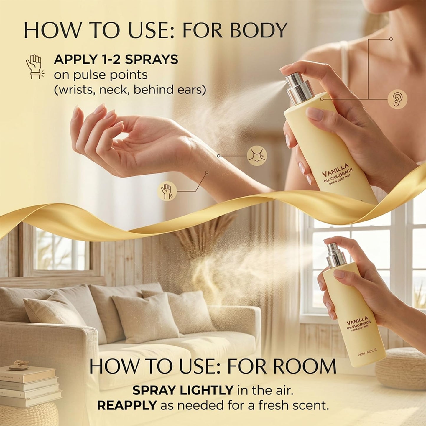 Vanilla on the Beach Hair and Body Mist, Vanilla Ocean Fragrance Spray, Lightweight Fragrance Spray, Warm Coconut & Vanilla Scent for Hair and Skin, Long-Lasting Summer Mist, 8.11 fl oz (1 Pcs)