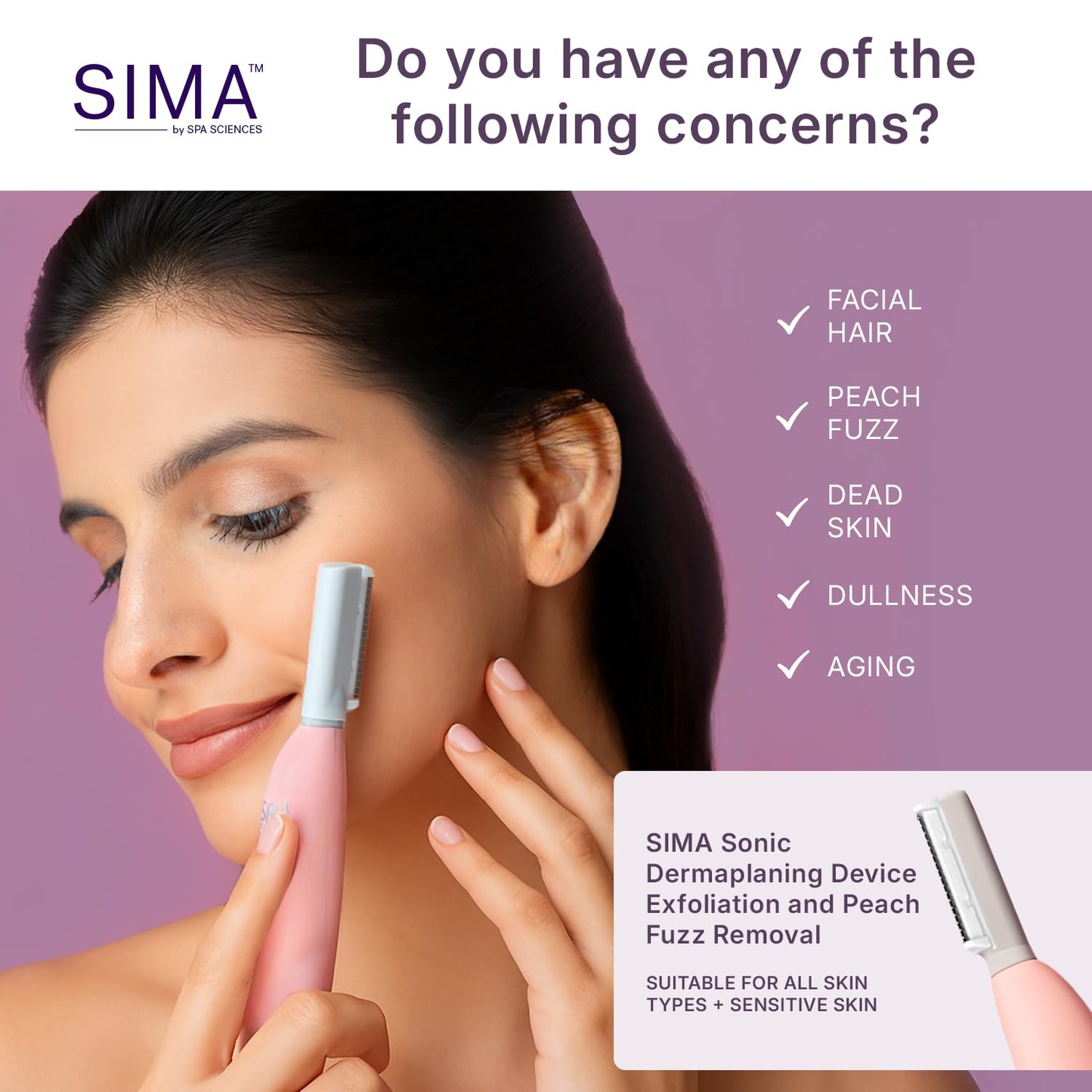 SPA SCIENCES - SIMA Patented Dermaplane Razor for Women Face – Painless 2-in-1 Facial Exfoliation & Peach Fuzz Hair Removal – Anti-Aging – 3 Speeds – Rechargeable – 7 Weeks Treatment