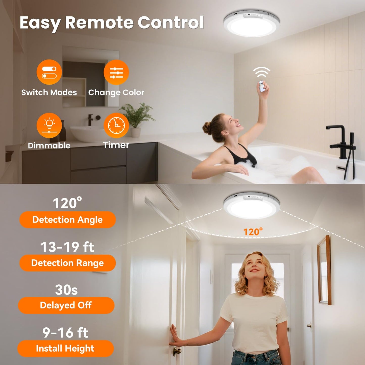 HLCZLUZ Rechargeable Motion Sensor Ceiling Light Indoor Outdoor w/Remote, 7.08 Inch Battery Operated Flush Mount Ceiling Light 3000K 4000K 6000K 400LM Dimmable for Closet Hallway Laundry Stairs (2)