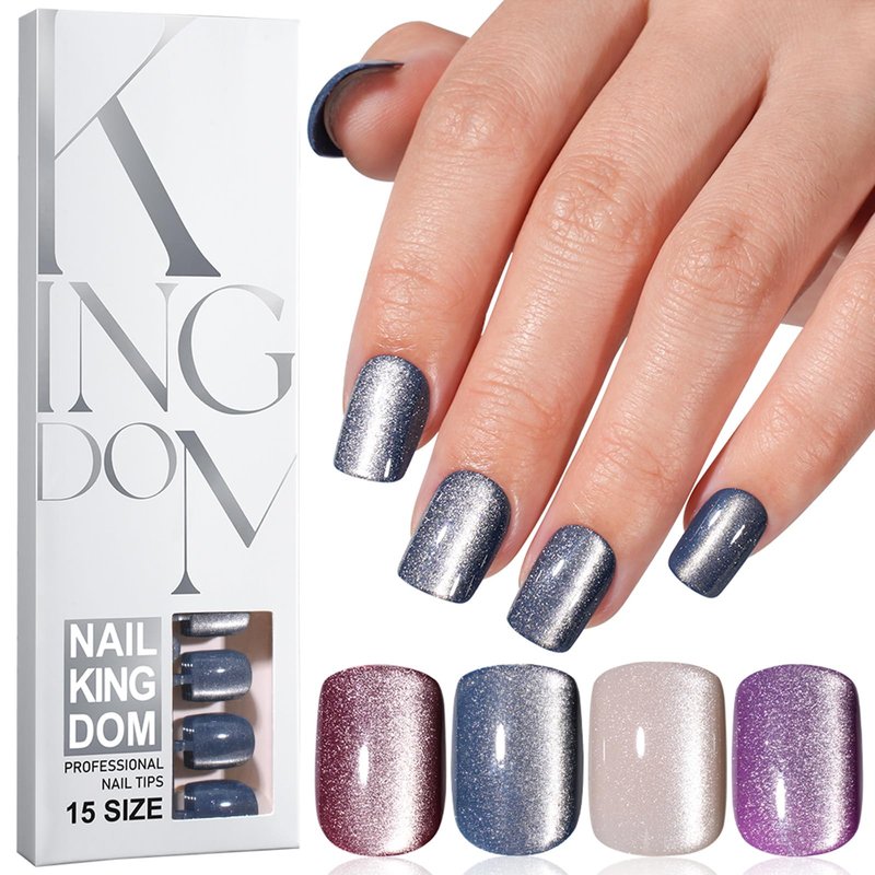 120Pcs Square Press on Nails Short Cat Eye Fake Nails Glossy Glitter Acrylic Nails Gel Glue on Nail Purple White Blue False Nails Press ons Stick on Nail Manicure Kit for Women Girls 15 Sizes