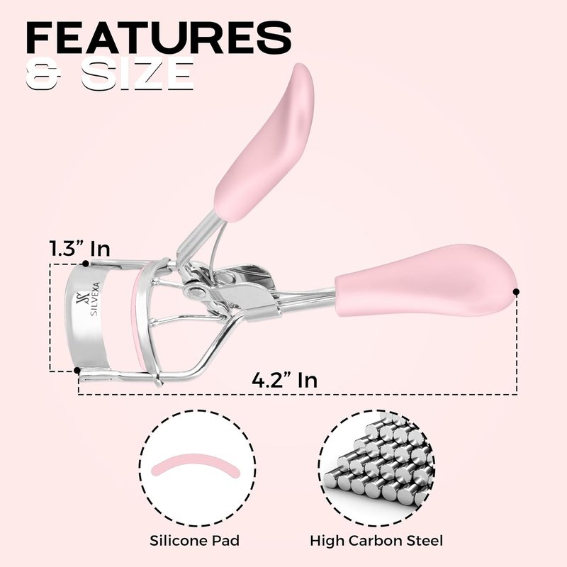 Eyelash Curler - Professional Stainless Steel Lash Curler with Comfort Grip & Silicone Pads | No-Pinch Design for All Eye Shapes (Pink)
