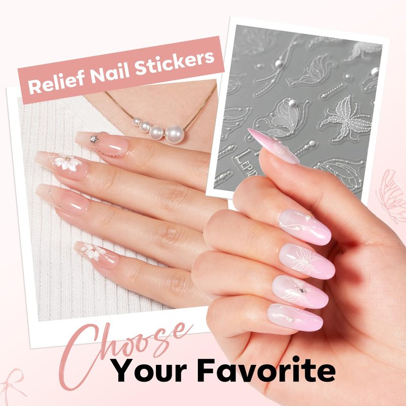 Modelones Nail Stickers, 3D Embossed Lace Pearls Nails Supplies Butterfly Nail Art Design for Summer Holiday Manicure DIY Nail for Women & Kids 5Pcs