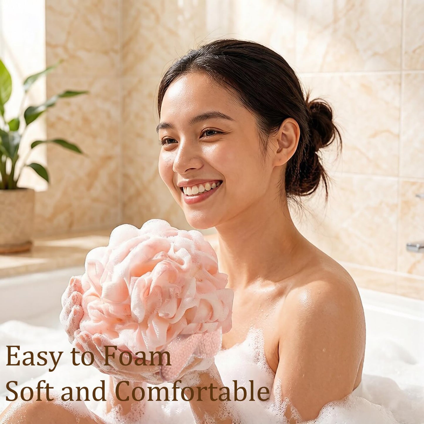 Kids Bath Loofah for Girls and Women,Soft Mesh Luffa with Cute Bunny Animal Character Exfoliating Body Scrubber Bath Sponge for Shower (2 Piece) - Pink & White