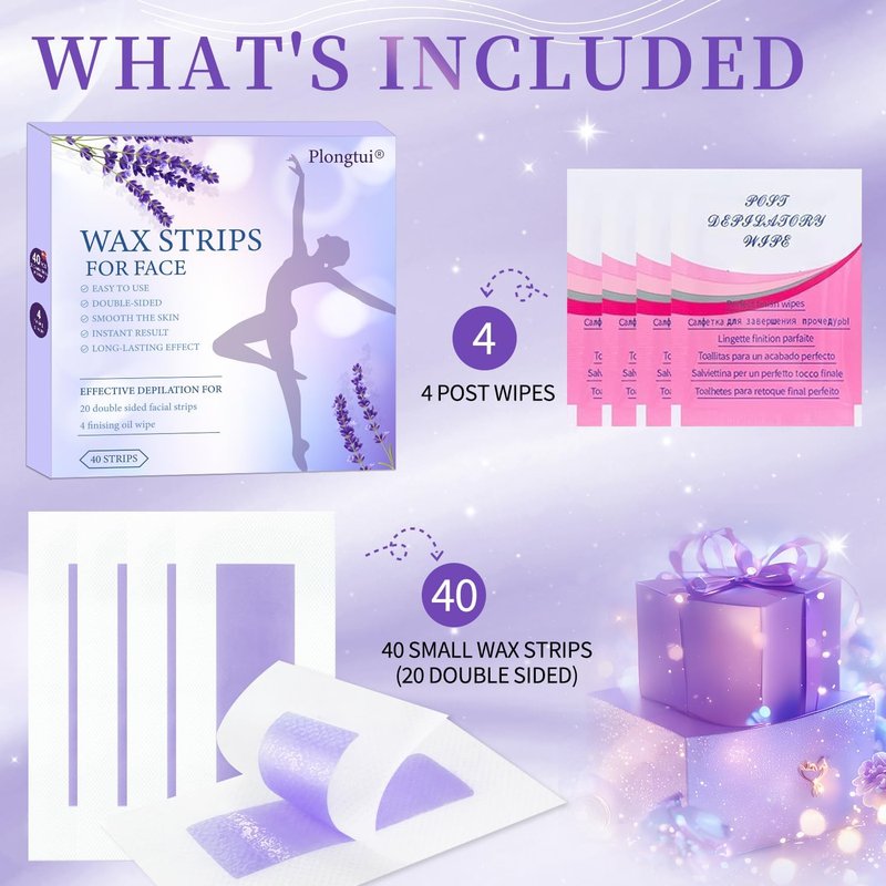 Regine Switzerland Facial Wax Strips - Fast & Gentle Hair Removal for Face, Eyebrow, Upper Lip | 40 Strips + 4 Calming Oil Wipes