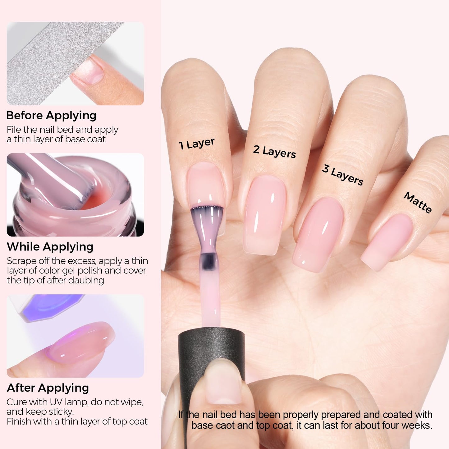 TOMICCA Sheer Pink Gel Nail Polish, 15ml Jelly Pink Gel Polish，Soak Off UV LED，Color Long Lasting Sheer Translucent Nail Art Manicure French Salon Gifts For Woman