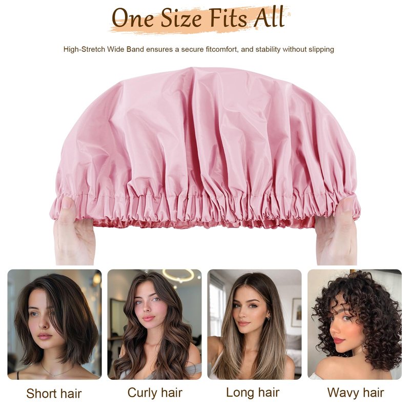 Doitory Shower Cap for Women, Reusable Waterproof Shower Cap Satin Lined with Soft Elastic Band, Large Washable Bath Caps(Pink)