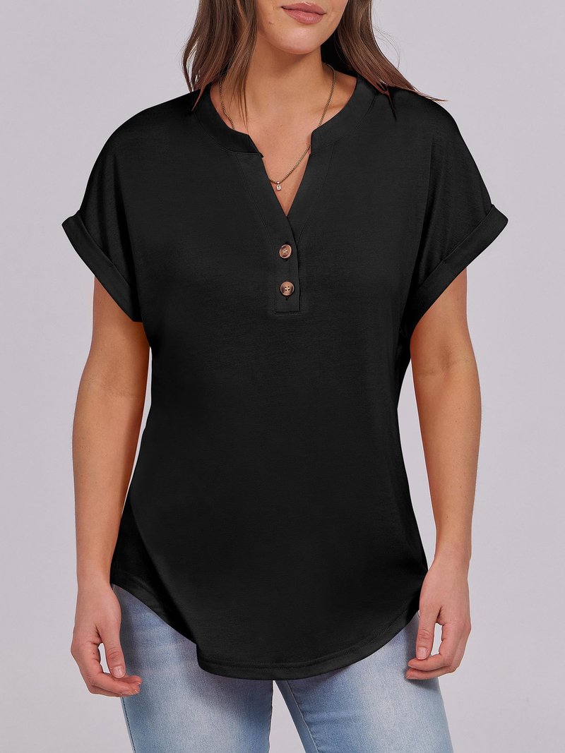 ANRABESS Womens Short Sleeve Henley Tops V Neck Dressy Casual Blouses Summer Trendy Tee Shirts 2026 Vacation Fashion Clothes Black L