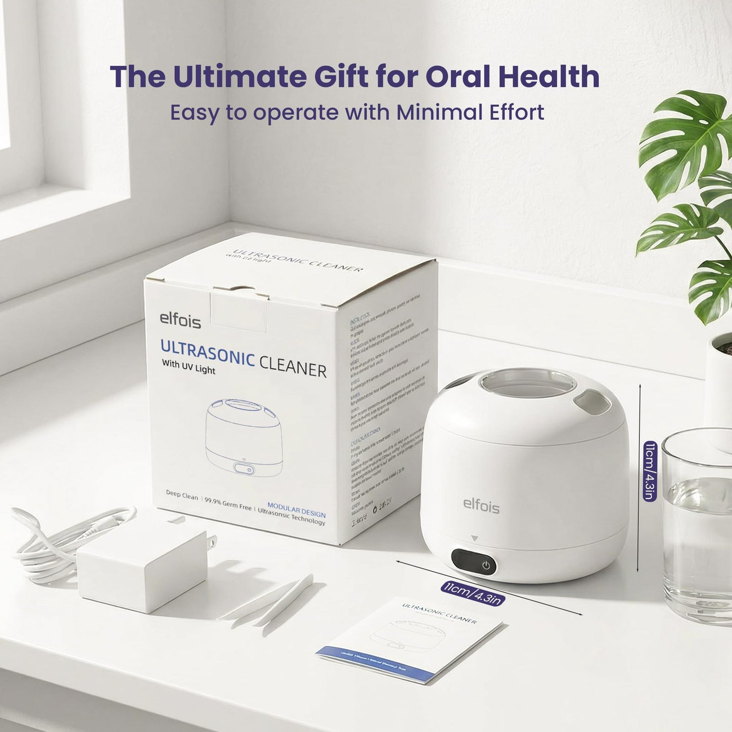 ELFOIS Premium Ultrasonic Retainer Cleaner Machine with UV — 45kHz Durable Dental Pod, 4 Cleaning Modes, Detachable Design for Invisalign, Aligners, Night Guards, Mouth Guards and Dentures