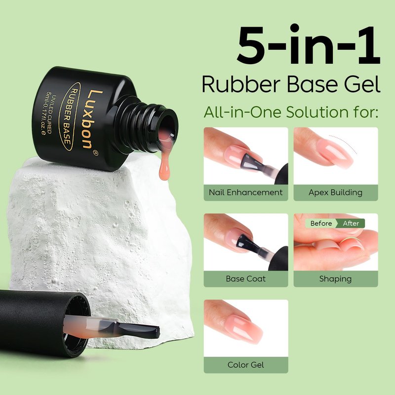 Luxbon 5-in-1 Rubber Base Color Gel Nail Polish Set - 6 Colors, Self-Leveling Nude & Pink Shades for UV LED Soak Off | Perfect Gift for Women