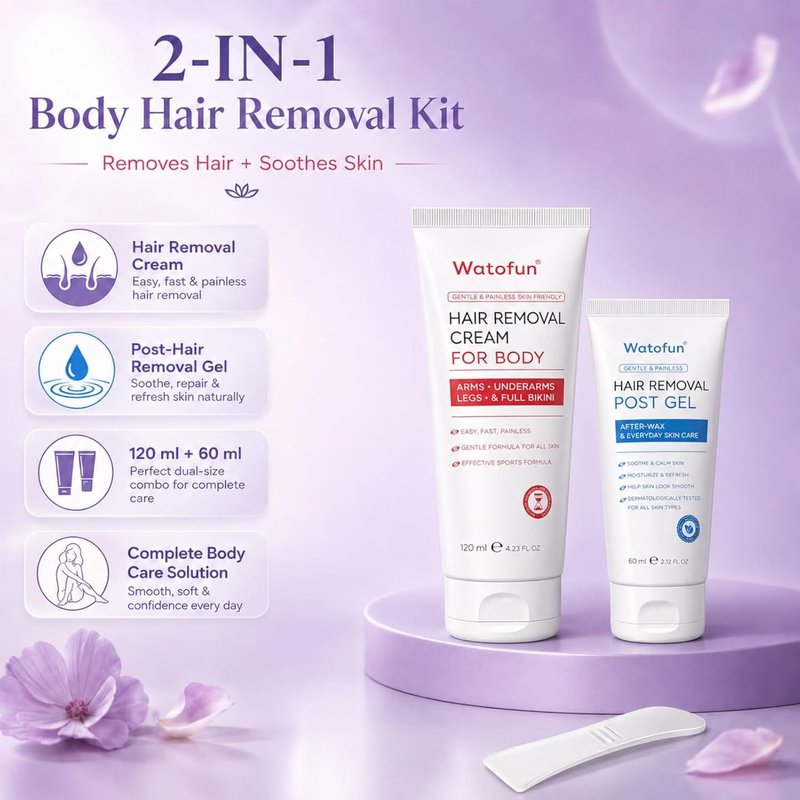 Body Hair Removal Cream - Painless Aloe Gel for Sensitive Skin | 6.35 Fl Oz 2-in-1 Kit for Arms, Legs & Bikini Line