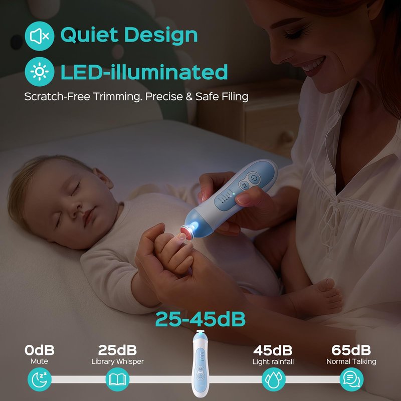COSLUS C52 Rechargeable Baby Nail File: Cordless Baby Nail Trimmer Electric, Baby Nail Clipper with 5 Speeds & 6 Grinding Heads for Baby Kid, CPC Certified & Quiet Design - Safe for Sleep Trim, Blue
