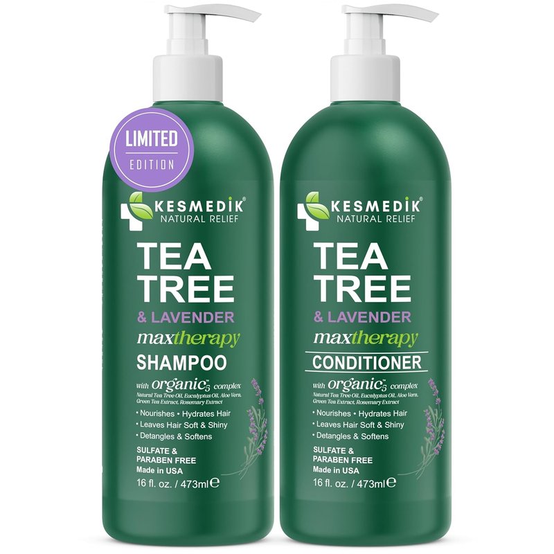 KESMEDIK Tea Tree Lavender Shampoo & Conditioner Set - Soothes Dry Scalp, Sulfate & Paraben-Free | 16 fl oz Each