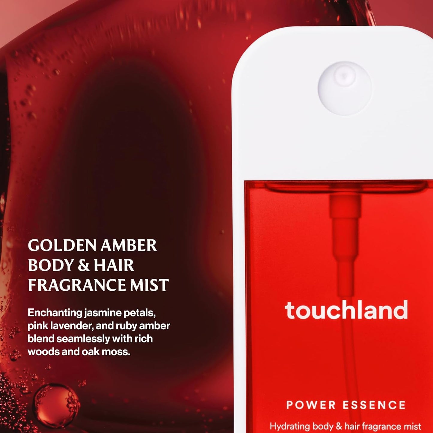 Touchland Hydrating Body & Hair Fragrance Mist - Golden Amber | 2 FL OZ Travel Size Perfume Spray with Jasmine, Pink Lavender & Ruby Amber Notes