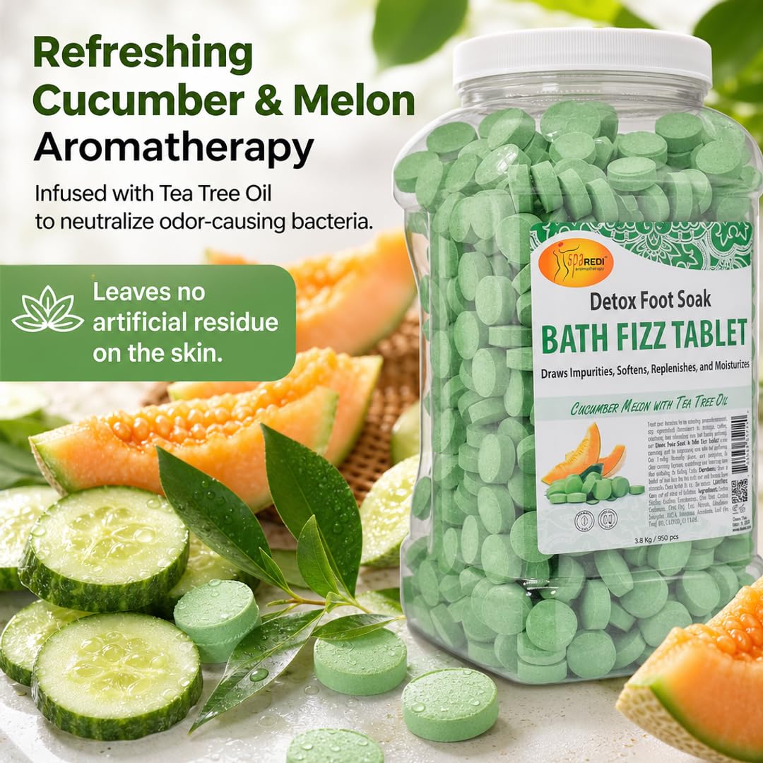 SPA REDI - Detox Foot Soak Fizz Tablets for Pedicure, Cucumber and Melon, 950 Count - Foot Bath with Tea Tree Oil, Aromatherapeutic, Draws Impurities, Softens, Replenishes and Moisturizes
