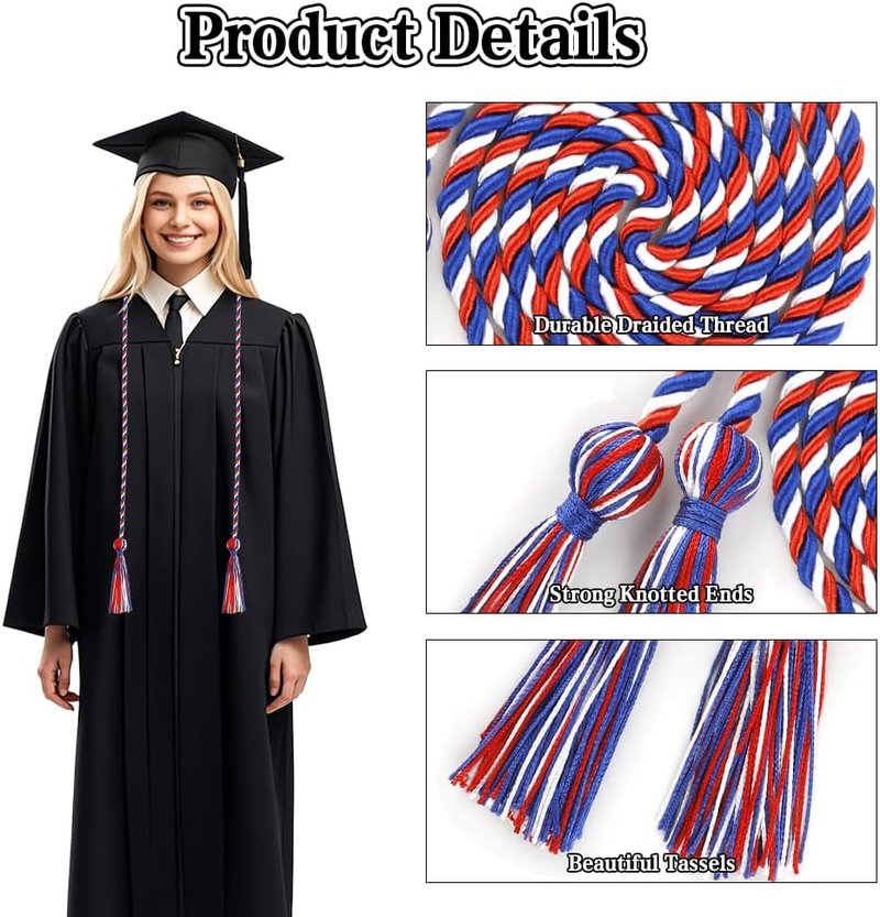 Graduation Cords | Red, Blue & White Honor Cords - 68 Inch Rayon Braided Tassels for 2026 Graduation