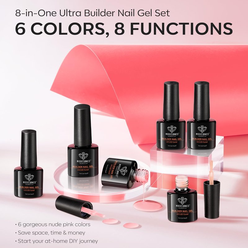 modelones Gel Polish Builder Nail Set, Base Colors 8-in-One Jelly Nude Pink Clear Builder Nail Gel for Nails Strengthener Hard Extension Rubber Lamp Cured 6 Colors