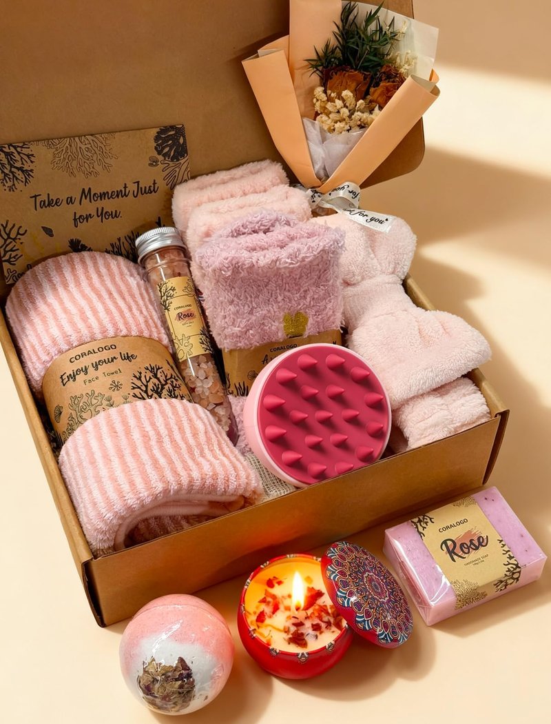 Coralogo Rose Spa Gift Baskets - Natural Pampering Spa Set, Self-Care Get Well Soon Thinking of You Basket,Thank You Gifts, Unique 11pcs Gift Set for Women Wife Mom Her Birthday