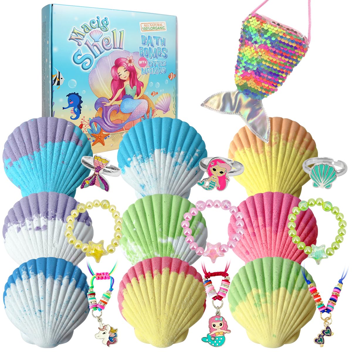 Clear&Fresh Magic Shell Bath Bombs for Kids with Surprise Jewelrys Inside, 9 Extra Large Bath Salts with Calming and Long Lasting Scent, Natural Bubble Bath Bombs for Girls Sensitive Skin