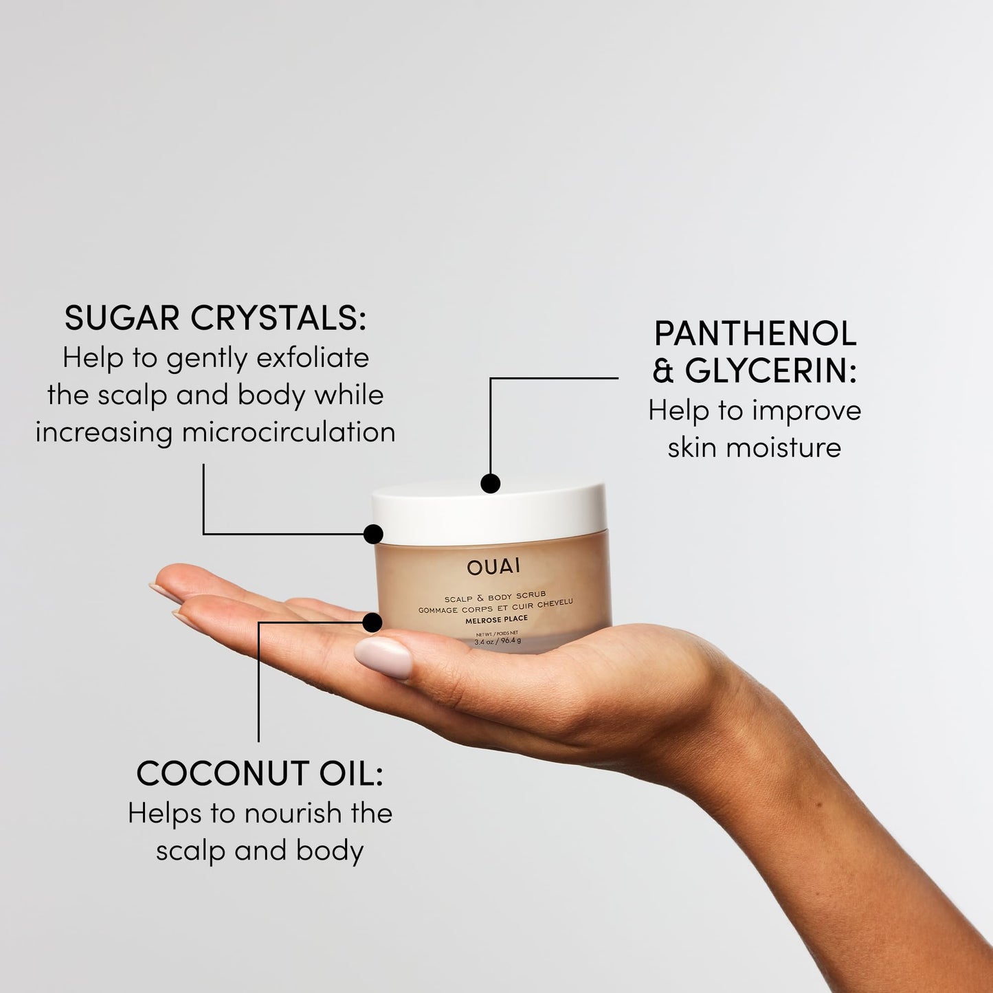 OUAI Scalp & Body Scrub Travel Size, Melrose Place - Exfoliating Body Scrub with Sugar & Coconut Oil Blend for Smooth, Moisturized Skin - Gentle for Removing Product Build Up (3.4 Oz)