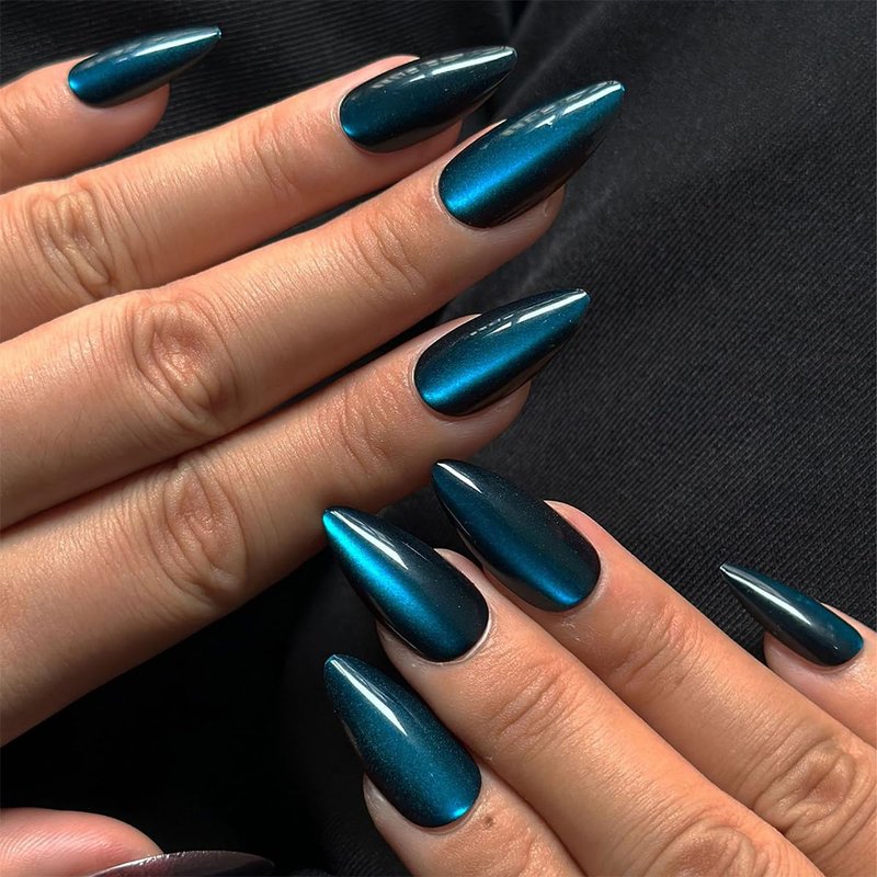 Dark Blue Press on Nails Medium Almond Fake Nails Glossy Glitter False Nails with Designs Gradient Acrylic Artificial Nail Full Cover Reusable Stick on Nails for Women Girls 24Pcs